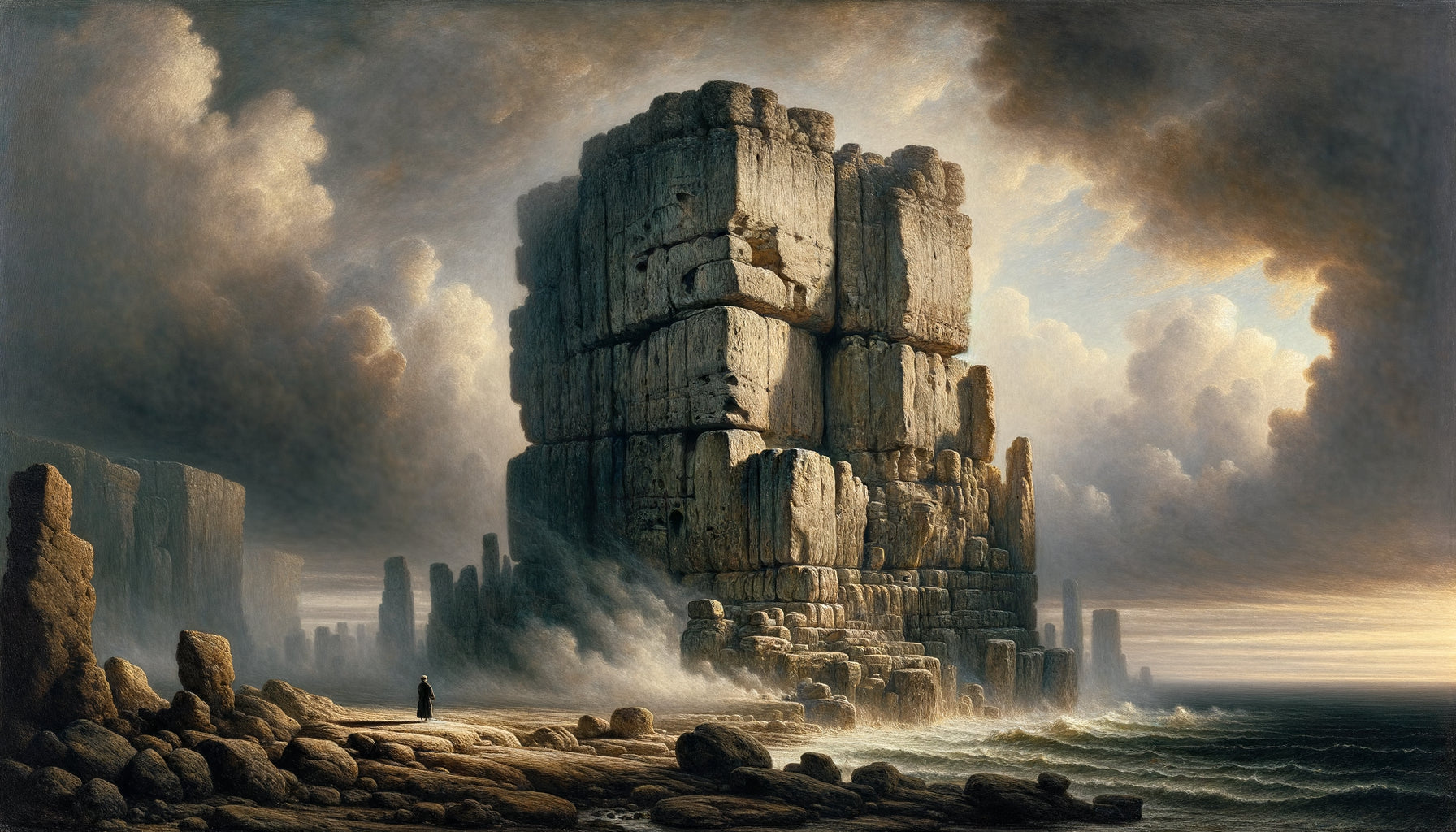 Peinture romantique allemande style Friedrich : rocher monumental symbolisant la permanence face aux éléments changeants