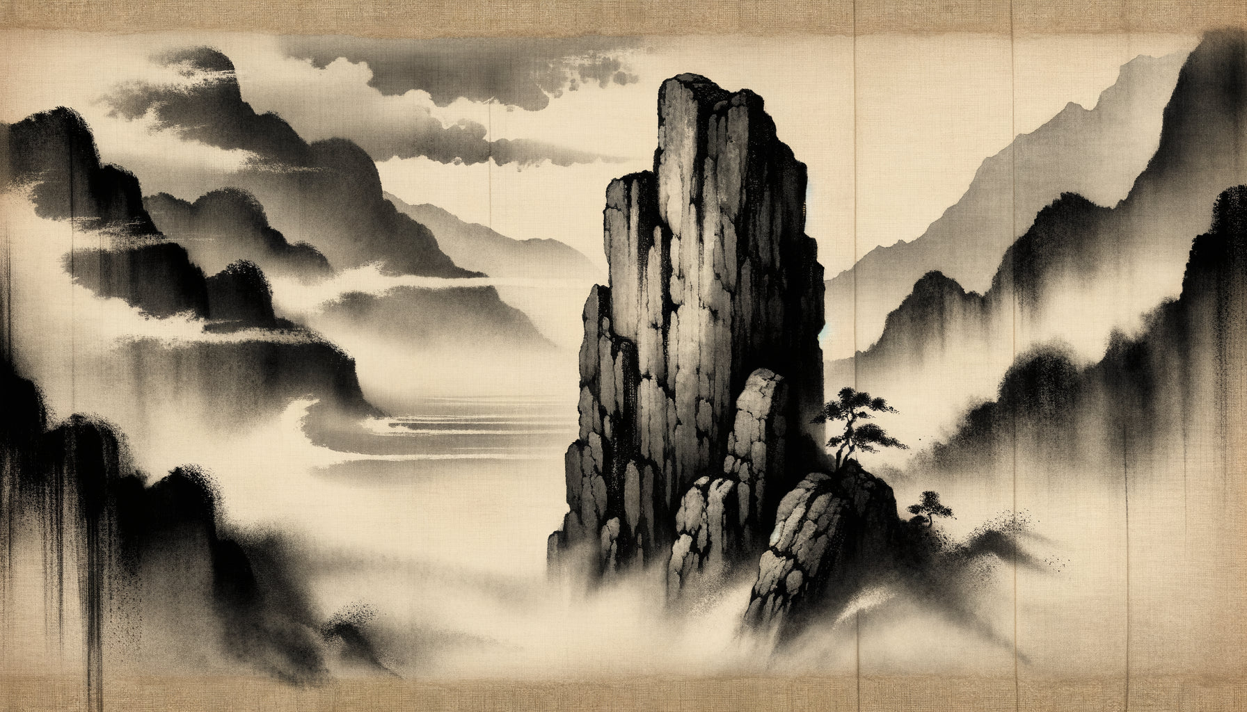 Peinture zen japonaise à l'encre de Chine représentant un rocher solitaire émergeant du vide, style sumi-e traditionnel minimaliste