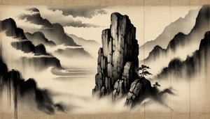 Peinture zen japonaise à l'encre de Chine représentant un rocher solitaire émergeant du vide, style sumi-e traditionnel minimaliste
