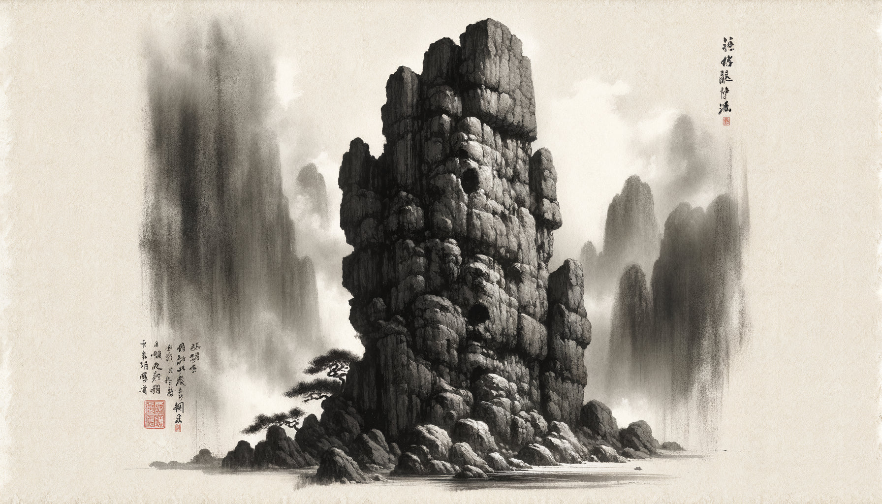Peinture chinoise traditionnelle de lettrés : rocher majestueux à l'encre de Chine, style Song-Yuan, symbolisant droiture morale et contemplation