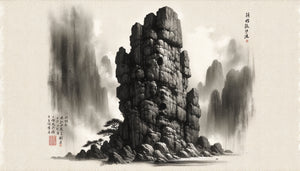 Peinture chinoise traditionnelle de lettrés : rocher majestueux à l'encre de Chine, style Song-Yuan, symbolisant droiture morale et contemplation