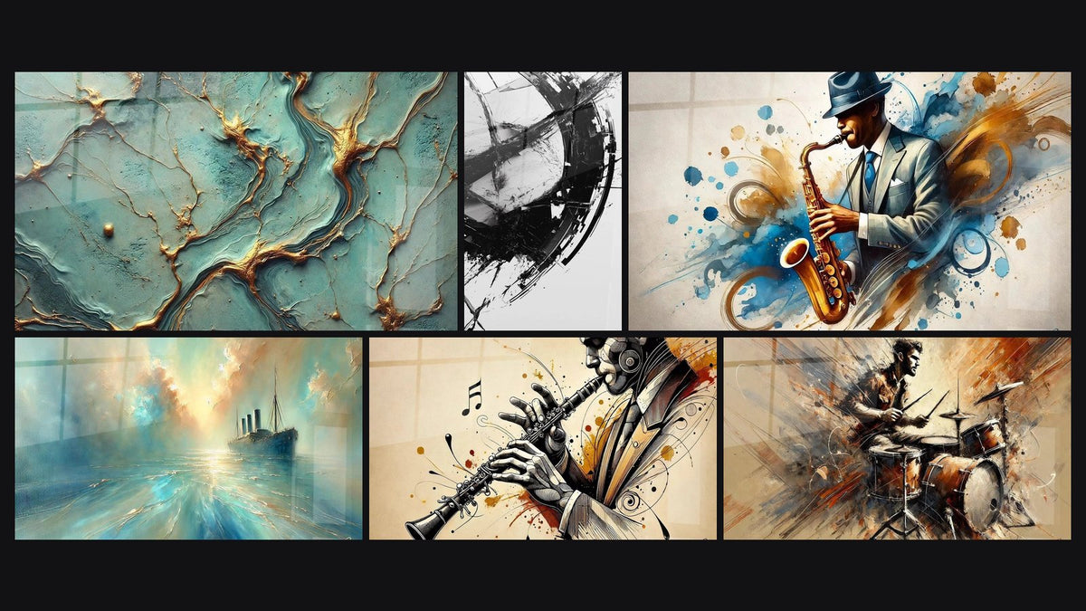 Mosaïque de six tableaux, dont Rivières d’Or, La Brisure du Temps et Jazz N°2