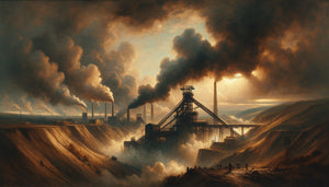 Peinture romantique anglaise années 1830 représentant un paysage minier industriel avec cheminées fumantes et ciel dramatique, style Turner