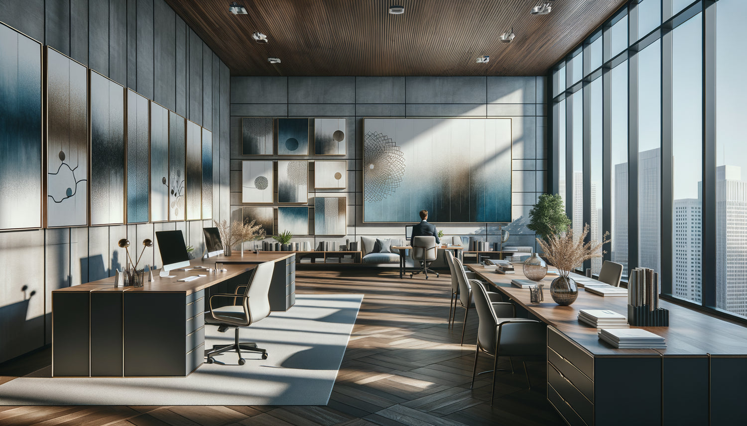 Intérieur de cabinet professionnel montrant rotation harmonieuse d'œuvres d'art contemporaines avec cohérence visuelle