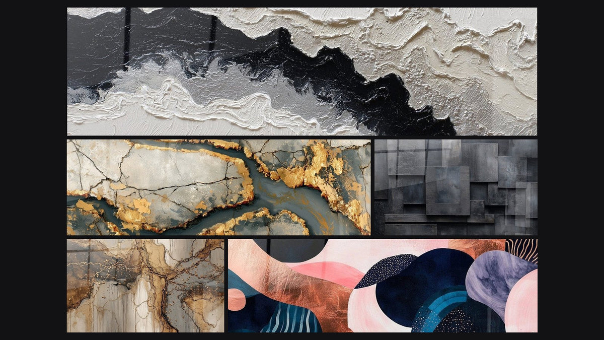 Mosaico de cinco cuadros, entre ellos Mármol Dorado con Grietas Antracita y Simbiosis Ondulante Coral