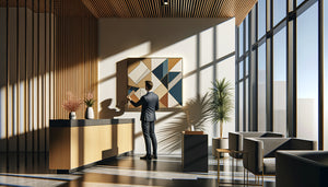 Professionnel changeant un tableau mural dans un cabinet contemporain, illustrant la rotation stratégique de la décoration