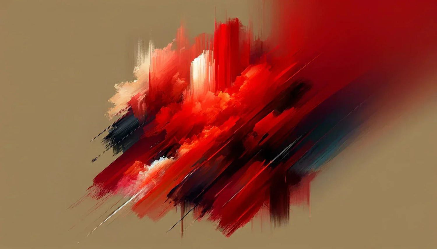 Un tableau abstrait rouge vibrant avec des nuances de rouge profond et des touches de noir et blanc, illustrant la puissance émotionnelle et la dynamique visuelle de cette teinte incontournable en art contemporain.