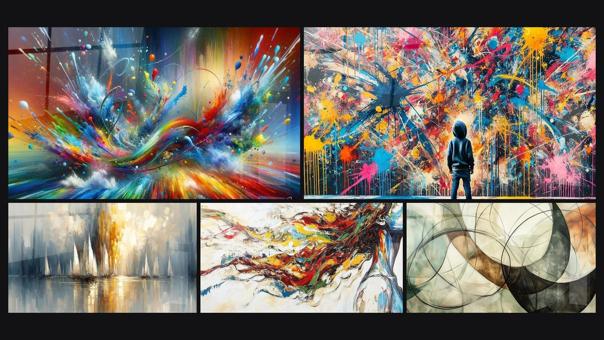 Mosaico di cinque quadri, tra cui Big Bang Artistico Brillante, Alba sulla Baia e Muse Moderna