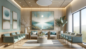 Salle d'attente médicale moderne de 30m² équipée d'art mural apaisant aux tons bleus et verts naturels