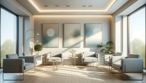 Salle d'attente professionnelle moderne de 40m² avec tableaux apaisants disposés de manière optimale sur les murs