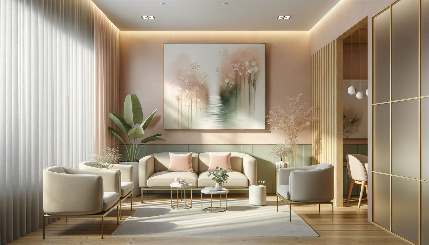Salle d'attente de gynécologie moderne avec tableaux apaisants aux tons pastel et ambiance sereine