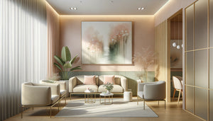 Salle d'attente de gynécologie moderne avec tableaux apaisants aux tons pastel et ambiance sereine