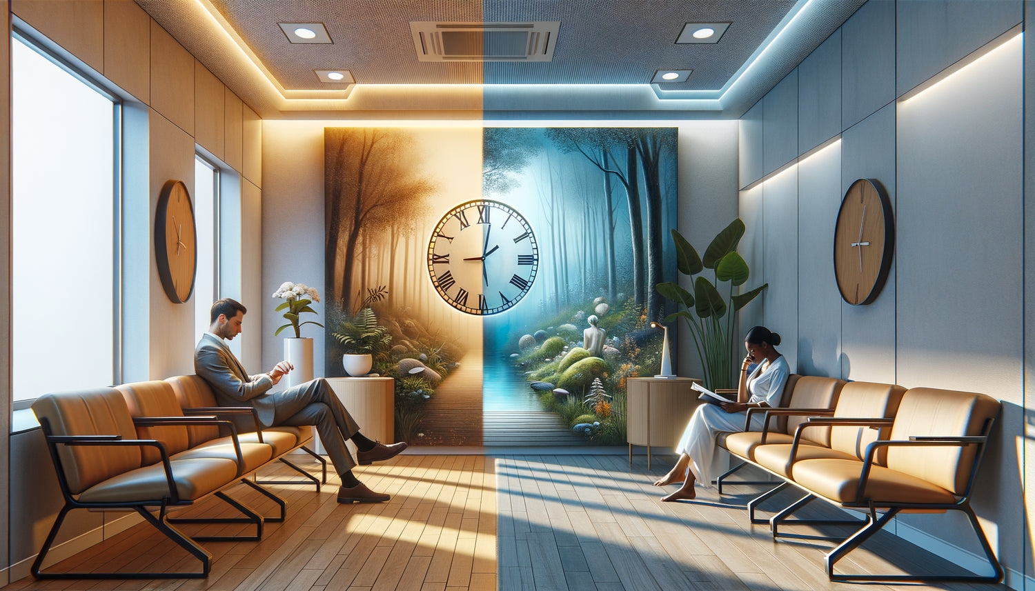 Comparaison salle d'attente moderne avec horloge anxiogène versus décoration artistique apaisante sans référence temporelle
