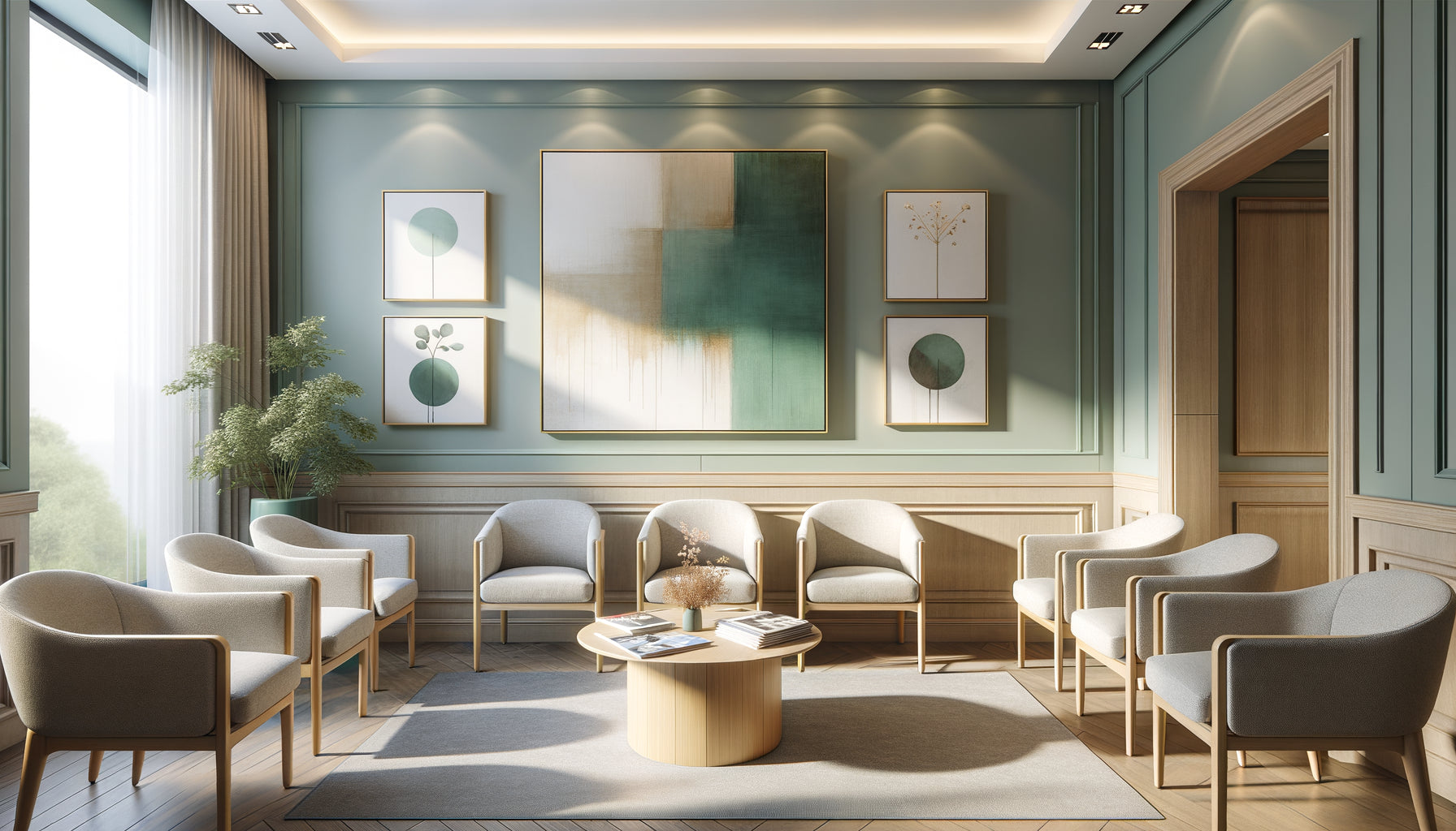 Salle d'attente médicale moderne et apaisante avec tableaux encadrés sur mur vert sage, mobilier confortable et éclairage doux