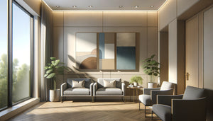 Salle d'attente professionnelle moderne avec mur de 3 mètres décoré de trois tableaux abstraits apaisants aux tons doux