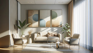 Salle d'attente de psychologue moderne avec tableaux aux couleurs apaisantes et ambiance thérapeutique sereine