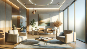 Salle d'attente médicale moderne avec tableau apaisant aux tons bleus et verts créant une atmosphère rassurante