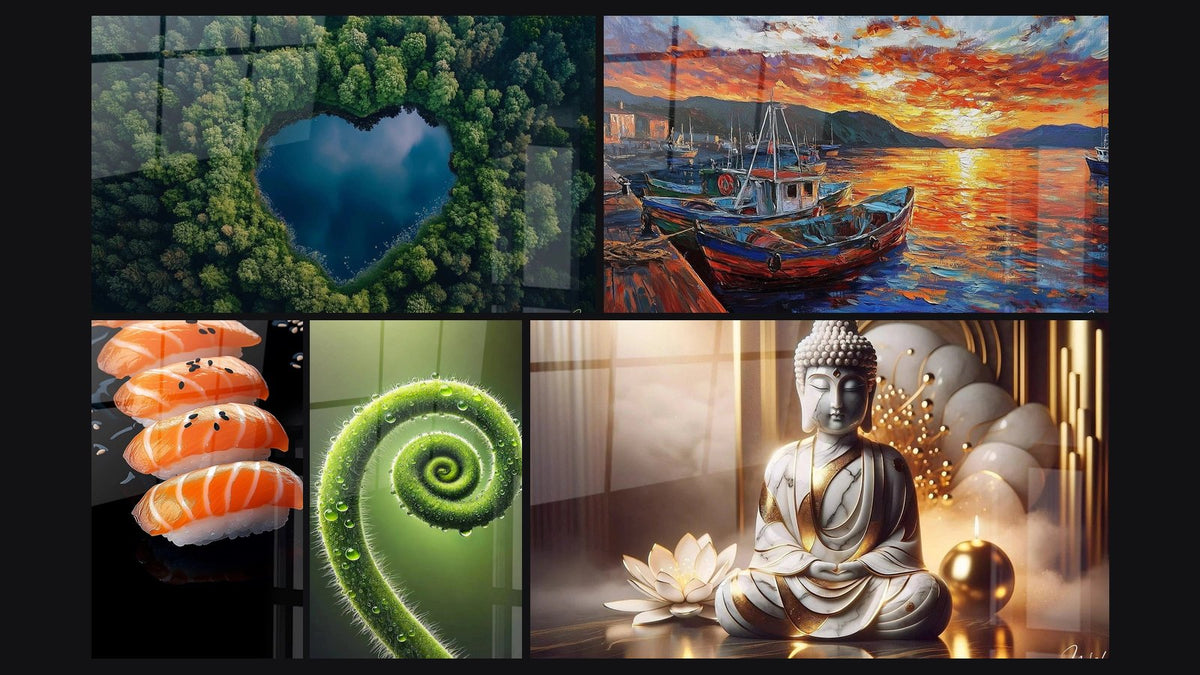 Mosaïque de cinq tableaux, dont Lac N°1, Sushi N°1 et Spirale de Vie