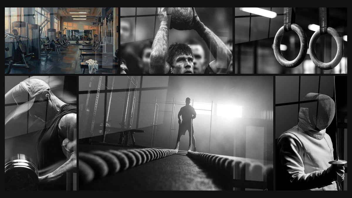 Mosaico di sei quadri, tra cui Sala Fitness Moderna, Muscolazione Manubri e Rugby Giocatore