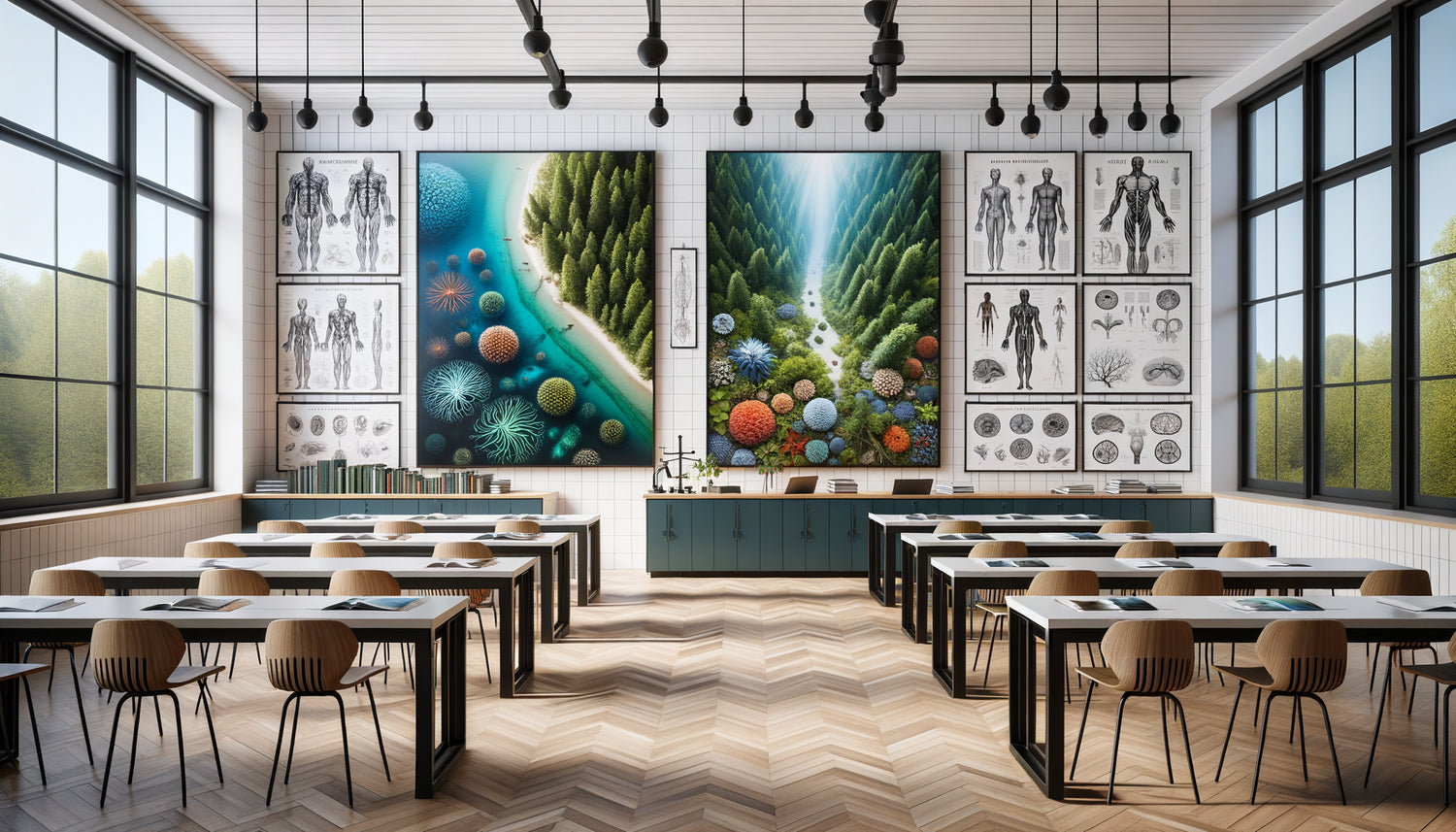 Mur de salle de SVT moderne combinant photographies de paysages naturels et planches scientifiques anatomiques dans un équilibre pédagogique