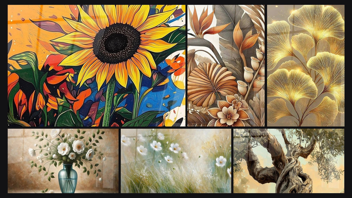 Mosaico de seis cuadros, entre ellos Girasol N°3, Ramo de Dulzura y Paleta Natural