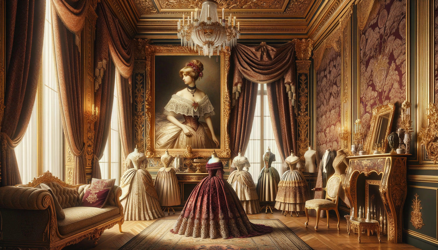 Salon de couture Second Empire avec portrait élégant de femme en crinoline, intérieur parisien raffiné années 1860