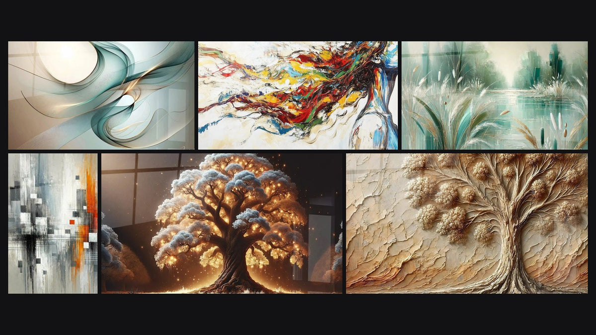Mosaïque de six tableaux, dont Valse des Courbes Lumineuses, Muse Moderne et Décoration paysagère N°1