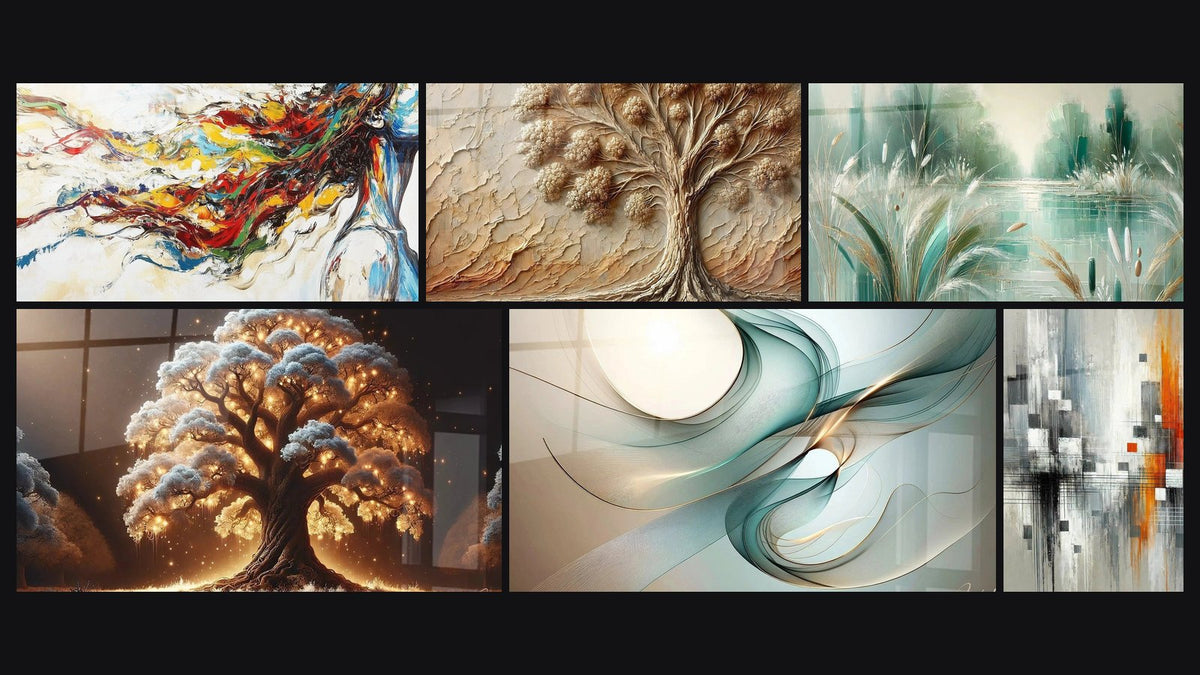 Mosaïque de six tableaux, dont Muse Moderne, Arbre de Nuit et Arbre d'Antan