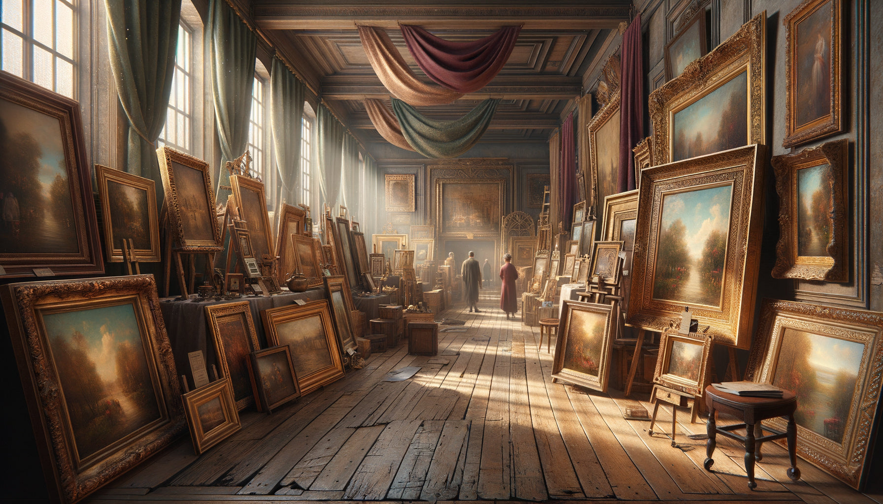 Salon d'antiquités européen avec collection de tableaux vintage encadrés, ambiance authentique de brocante spécialisée