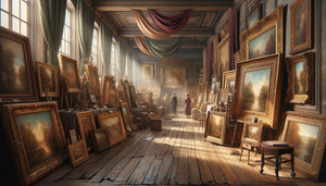 Salon d'antiquités européen avec collection de tableaux vintage encadrés, ambiance authentique de brocante spécialisée