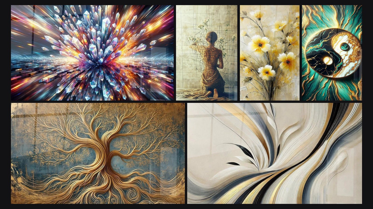 Mosaïque de six tableaux, dont Éclat Cristallin, Entre les Fissures et Arbre de la Vie Éternelle