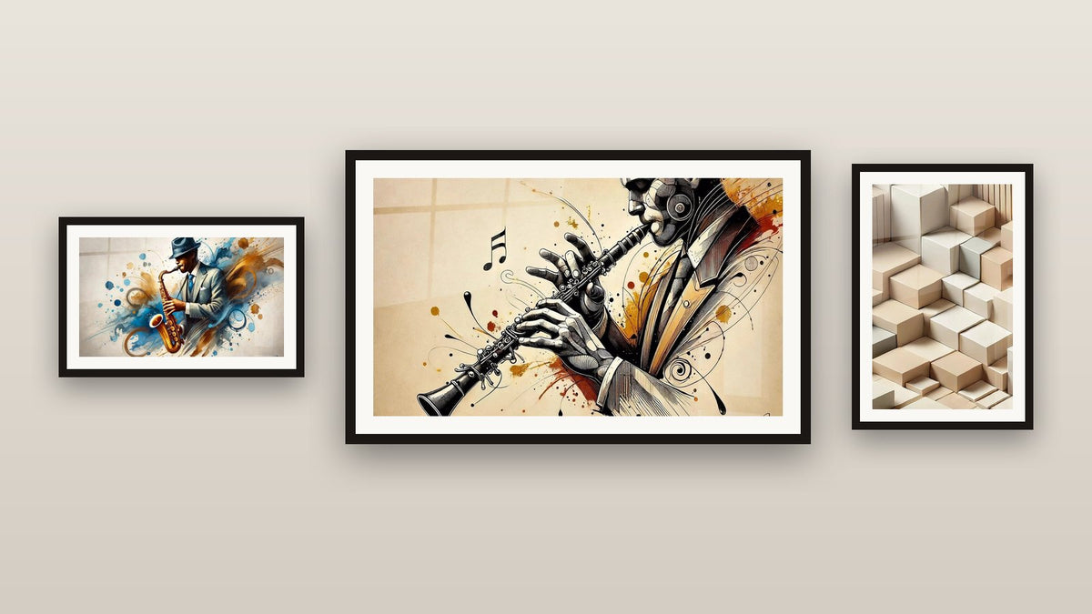 Gallery wall with three framed paintings, including Minimalism Sculpted