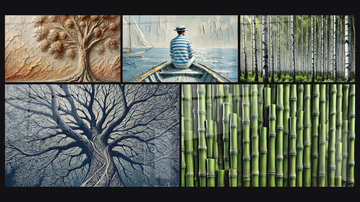 Mozaïek van vijf schilderijen, waaronder Boom van Toen, De Kunst van Water en Boomrijke Elegantie