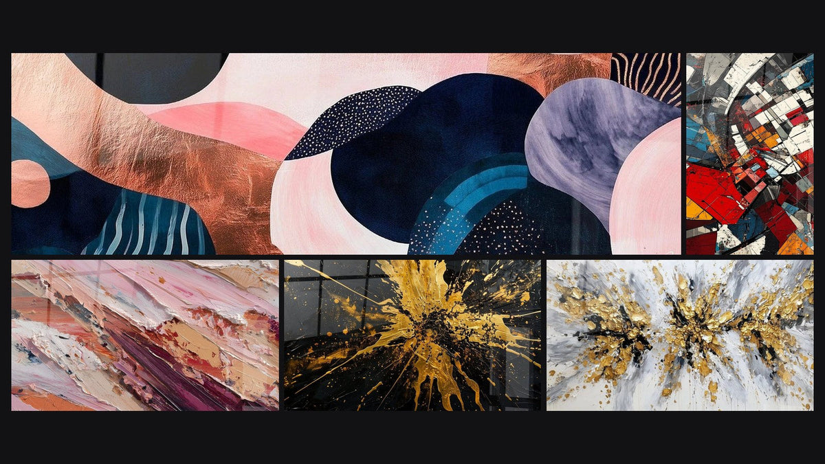 Mosaico de cinco cuadros, entre ellos Simbiosis Ondulante Coral y Abstracto en tonos rosas y tierra
