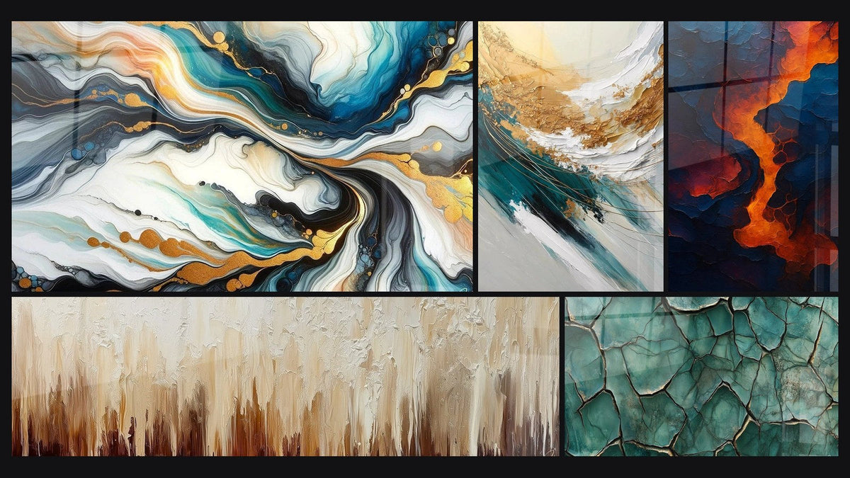 Mosaico di cinque quadri, tra cui Correnti Colorate, Cresta d'Oro e Schiuma e Terra Fratturata