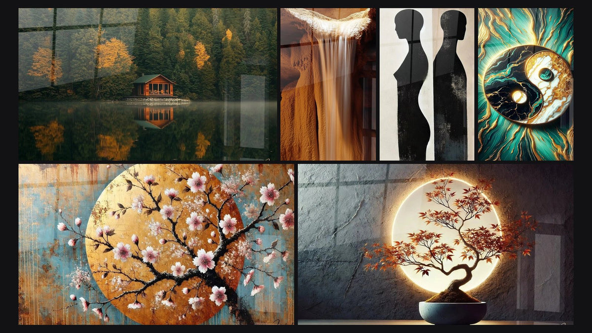 Mosaïque de six tableaux, dont Cabane N°1, Cascade N°1 et Douceur Florale