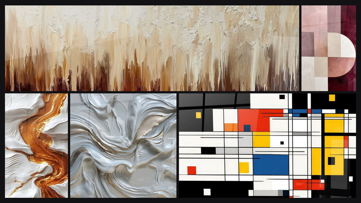 Mosaico de cinco cuadros, entre ellos Composición geométrica colorida