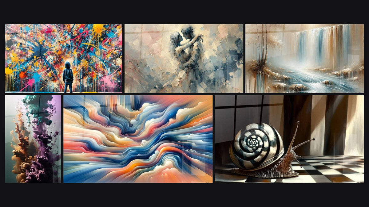 Mosaico di sei quadri, tra cui Schizzi di Pittura, Tra Noi e Balletto Acquatico delle Sfumature