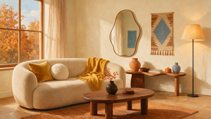 Un salon chaleureux avec un canapé beige arrondi, une table basse en noyer, un plaid jaune et un lampadaire allumé dans un angle.