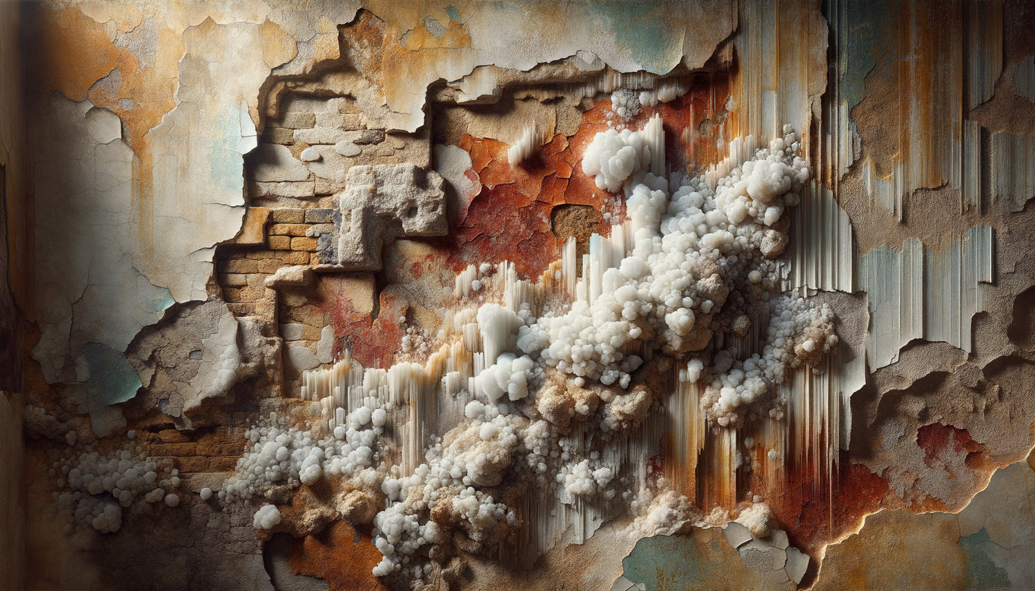Gros plan d'un mur ancien avec salpêtre blanc cristallisé altérant les pigments minéraux ocres et rouges historiques