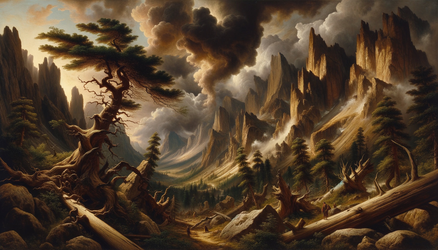 Paysage sauvage baroque dans le style dramatique de Salvator Rosa, nature tourmentée et sublime, 17ème siècle