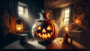 Comparaison historique entre navet sculpté irlandais traditionnel de Samhain et citrouille américaine du 19ème siècle, éclairés dans ambiance ancestrale