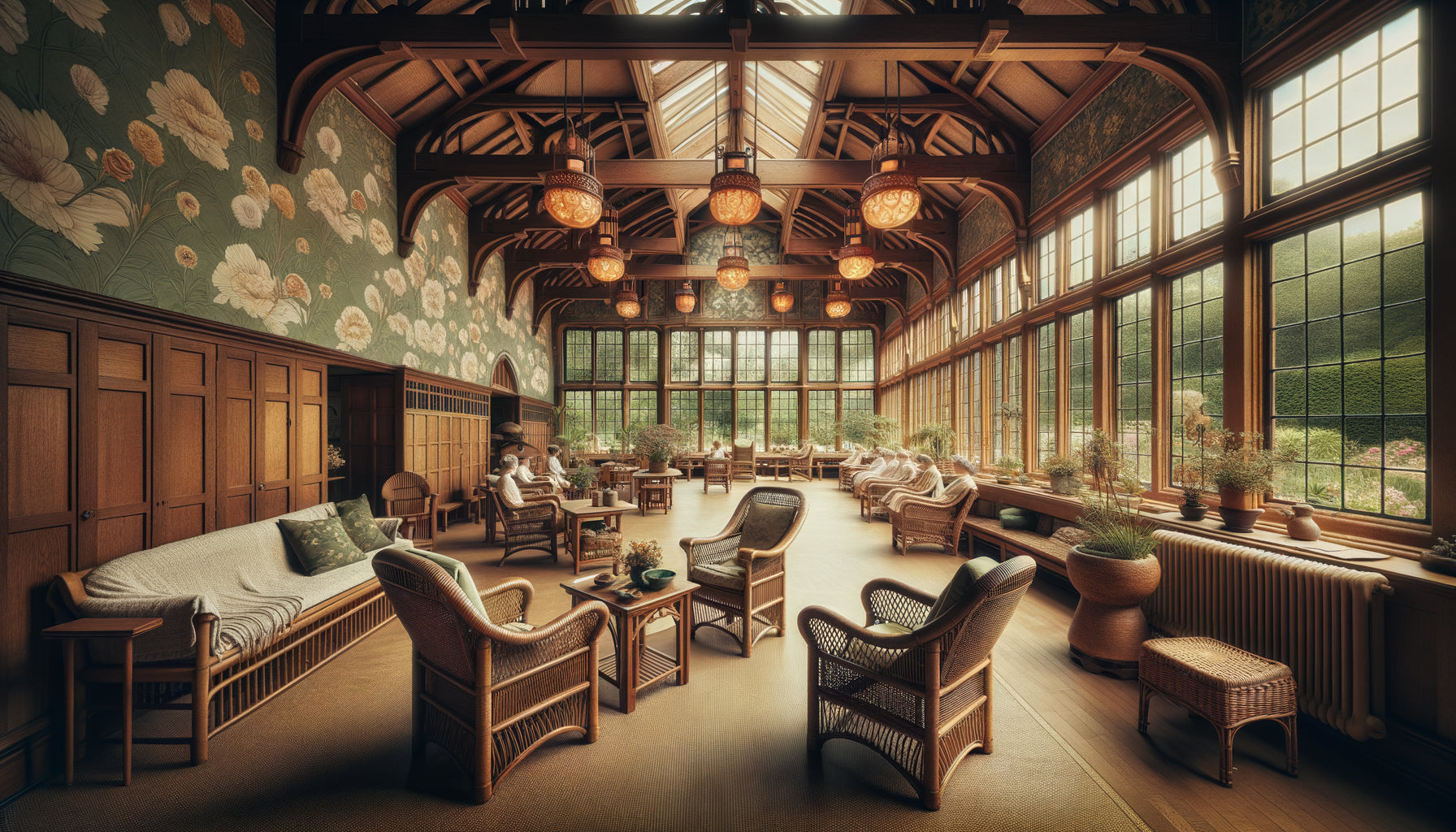 Intérieur de sanatorium britannique Arts & Crafts des années 1910 avec poutres apparentes, grandes fenêtres et mobilier artisanal