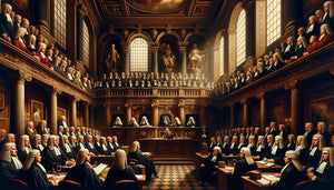 Peinture historique académique du 19ème siècle représentant une scène de tribunal avec juges, avocats en costume d'époque et architecture néoclassique