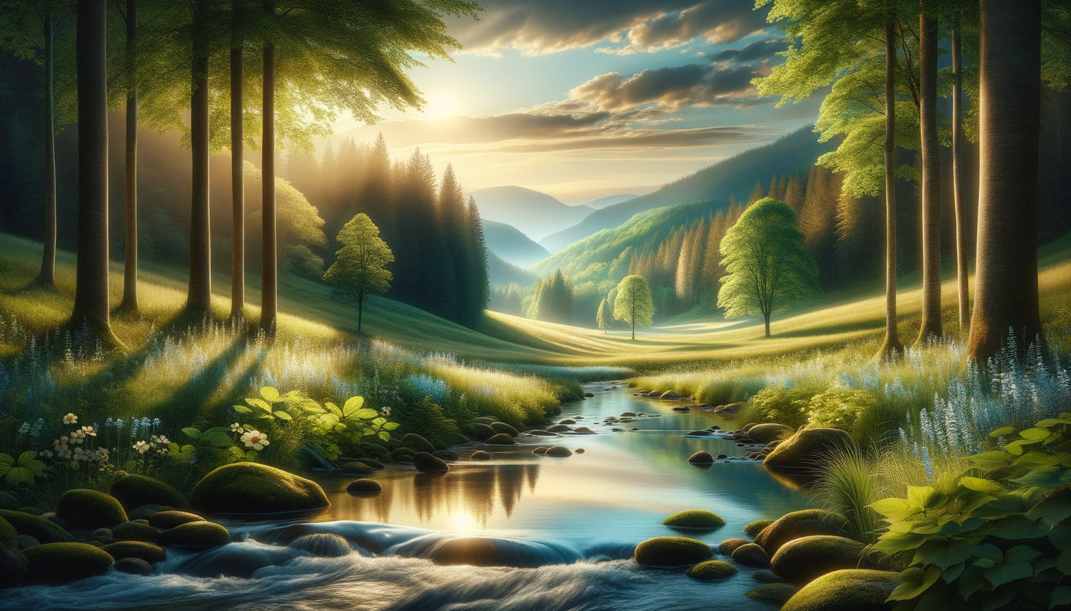 Scène naturelle apaisante combinant eau calme, forêt lumineuse, prairie douce et montagnes lointaines pour salle de consultation médicale