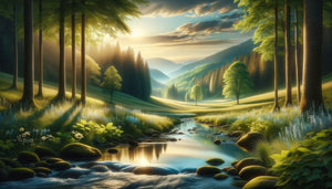 Scène naturelle apaisante combinant eau calme, forêt lumineuse, prairie douce et montagnes lointaines pour salle de consultation médicale