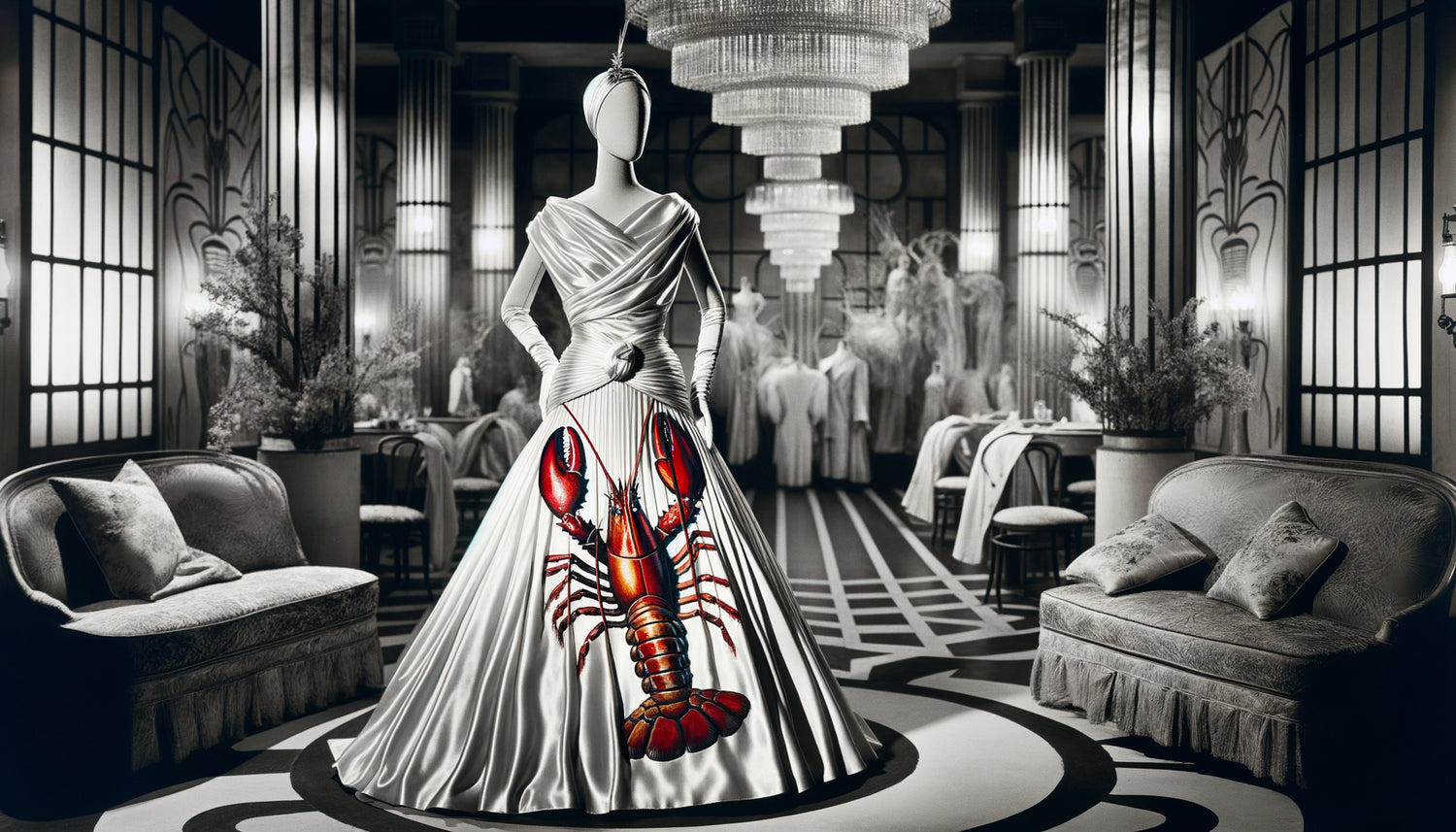 Robe homard iconique créée par Elsa Schiaparelli et Salvador Dalí en 1937, photographie surréaliste haute couture années 30