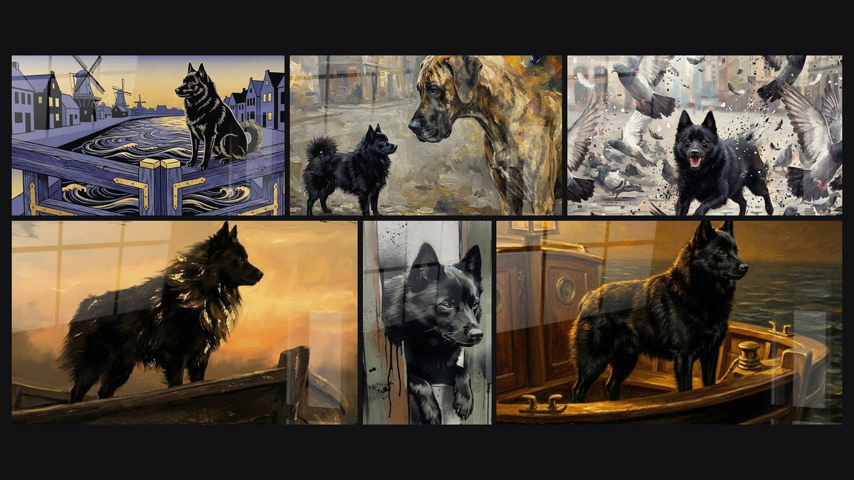 Mosaïque de six tableaux, dont Chiot Noir et Gris Style Graffiti Urbain