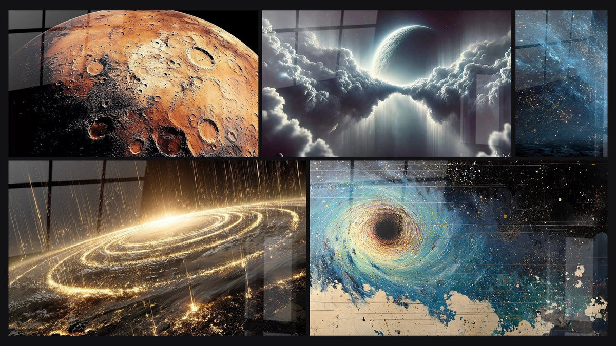 Mosaico de cinco cuadros, entre ellos Marte N°1, Nubes Lunares y Nebulosa océano cósmico