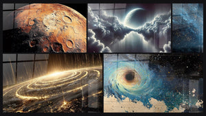 Mosaico de cinco cuadros, entre ellos Marte N°1, Nubes Lunares y Nebulosa océano cósmico